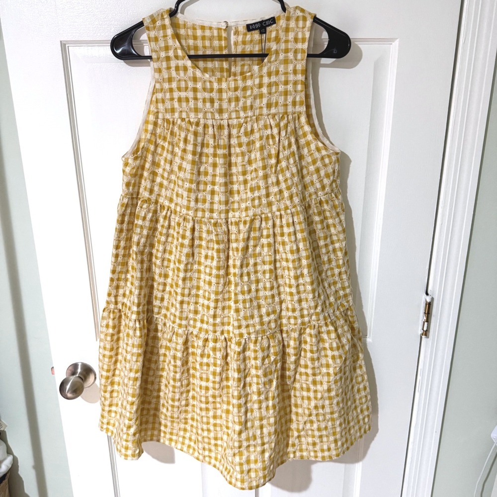 Boho Chic Lovely Lemon Yellow Gingham Eyelet Tiered Mini Dress XS NWT XS